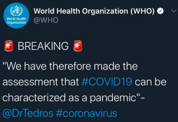 世界卫生组织（WHO）正式宣布新冠肺炎疫情已构成全球大流行病！